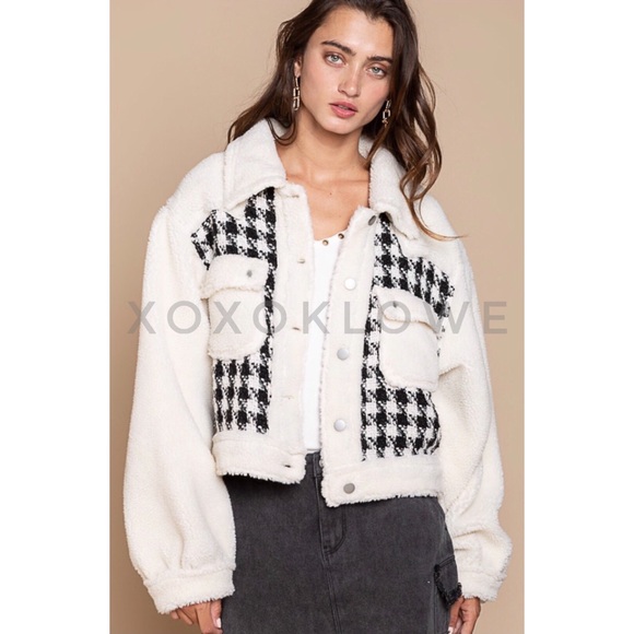 POL Houndstooth Print Sherpa Jacket Button Down Oversized Fit - Picture 6 of 13
